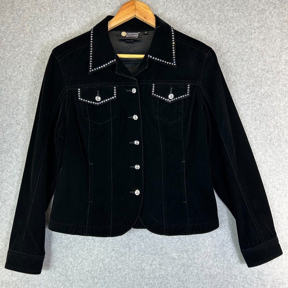 Christine Alexander Black Velvet Jacket Embellished Crystal Glam Womens Medium